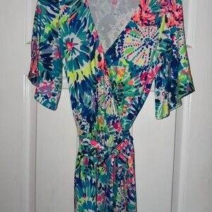 Lilly Pulitzer Blue and Pink Resort Wear Jumpsuit with Flutter Sleeves